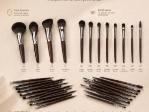 25Pcs Professional Makeup Brush Set — Wooden Handle with Gunmetal Ferrule, Full-Face Professional Kit (Dark Brown / Gunmetal)