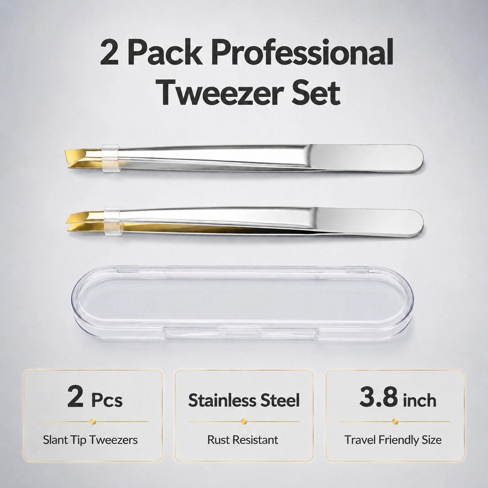 Slant Tip Tweezers Set 2pcs — Precision Stainless Steel with Gold-Tipped Grips, Durable & Rust-Resistant - Image 5