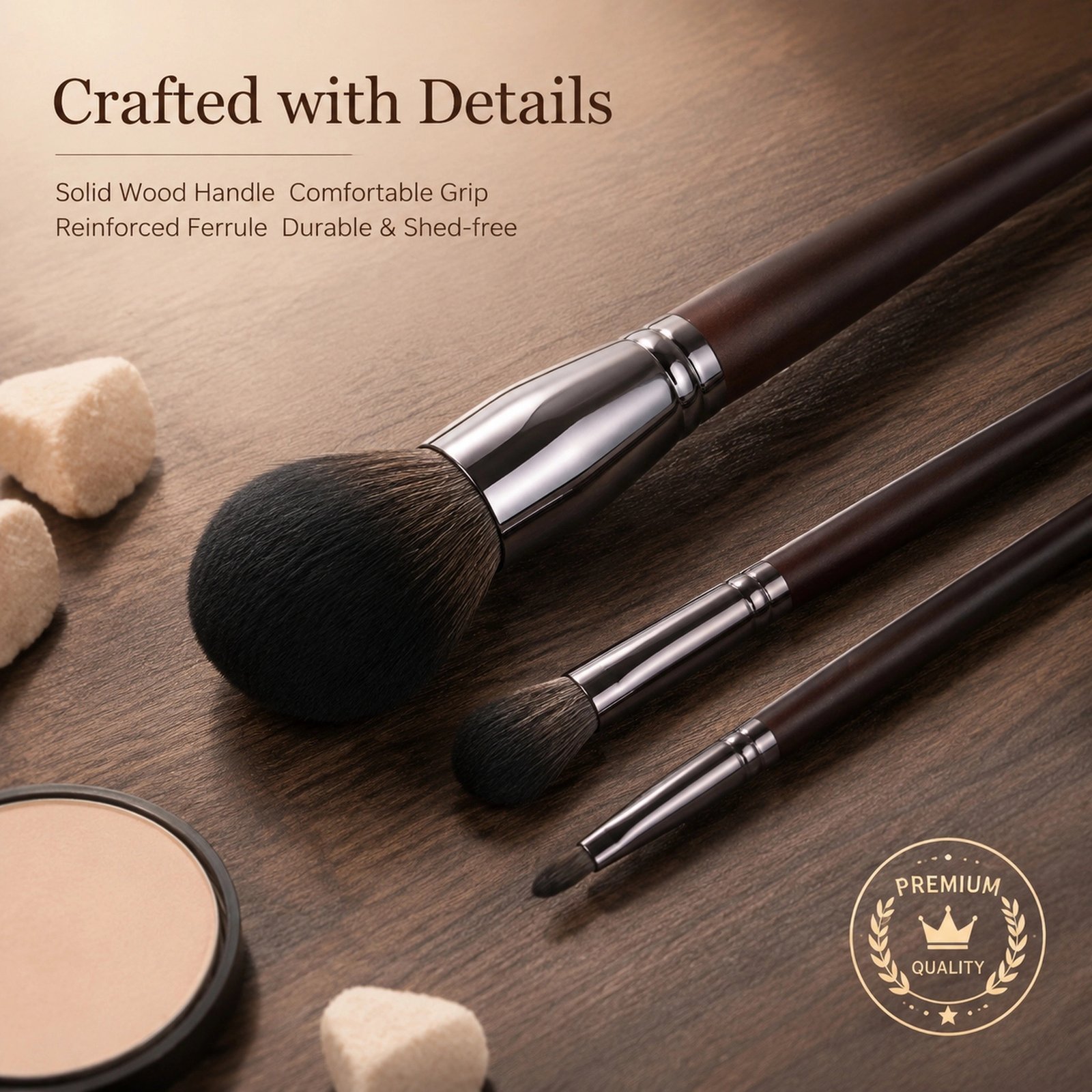 25Pcs Professional Makeup Brush Set — Wooden Handle with Gunmetal Ferrule, Full-Face Professional Kit (Dark Brown / Gunmetal) - Image 3