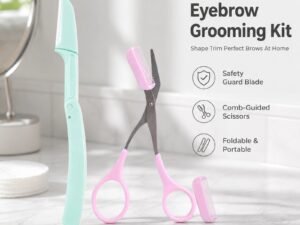 Foldable Eyebrow Razor with Eyebrow Scissors Comb Set — Safe Folding Design, Precision Blade, 2-in-1 Grooming Kit (Green)