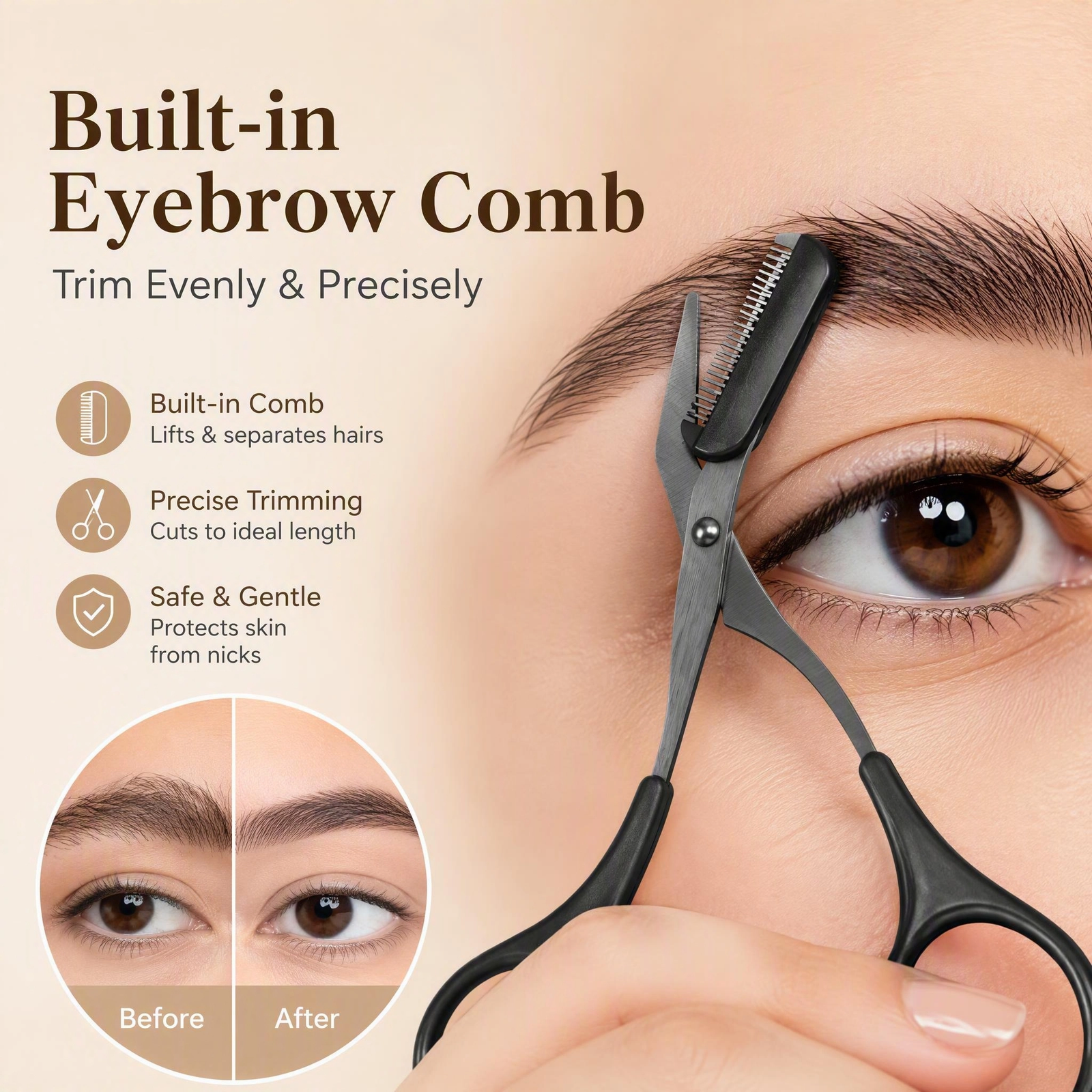 Black Safety Micro-Guard Eyebrow Grooming Set — Stainless Steel Razor & Scissors with Comb, Beginner-Friendly - Image 2