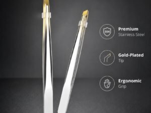 Slant Tip Tweezers Set 2pcs — Precision Stainless Steel with Gold-Tipped Grips, Durable & Rust-Resistant