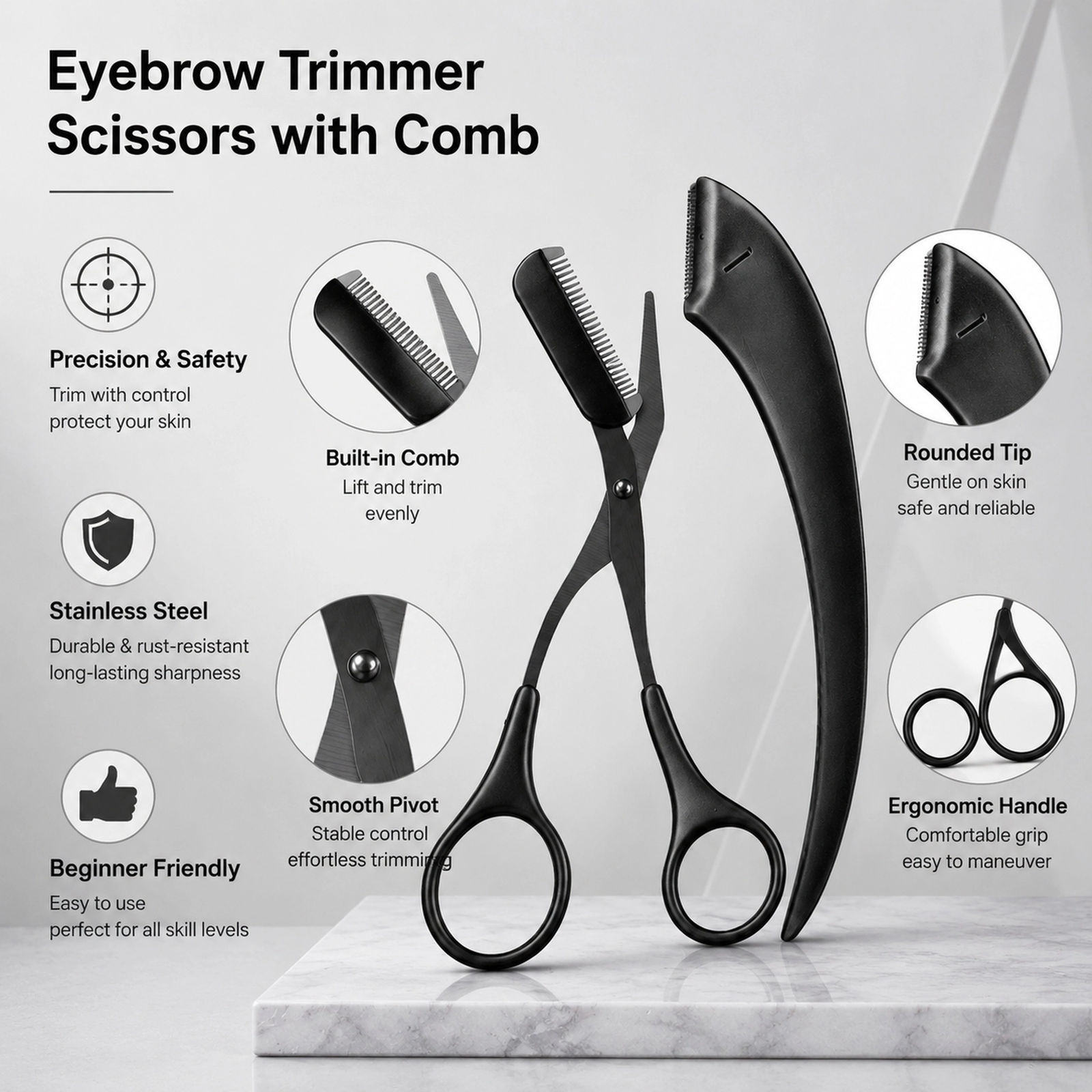 Black Safety Micro-Guard Eyebrow Grooming Set — Stainless Steel Razor & Scissors with Comb, Beginner-Friendly - Image 3