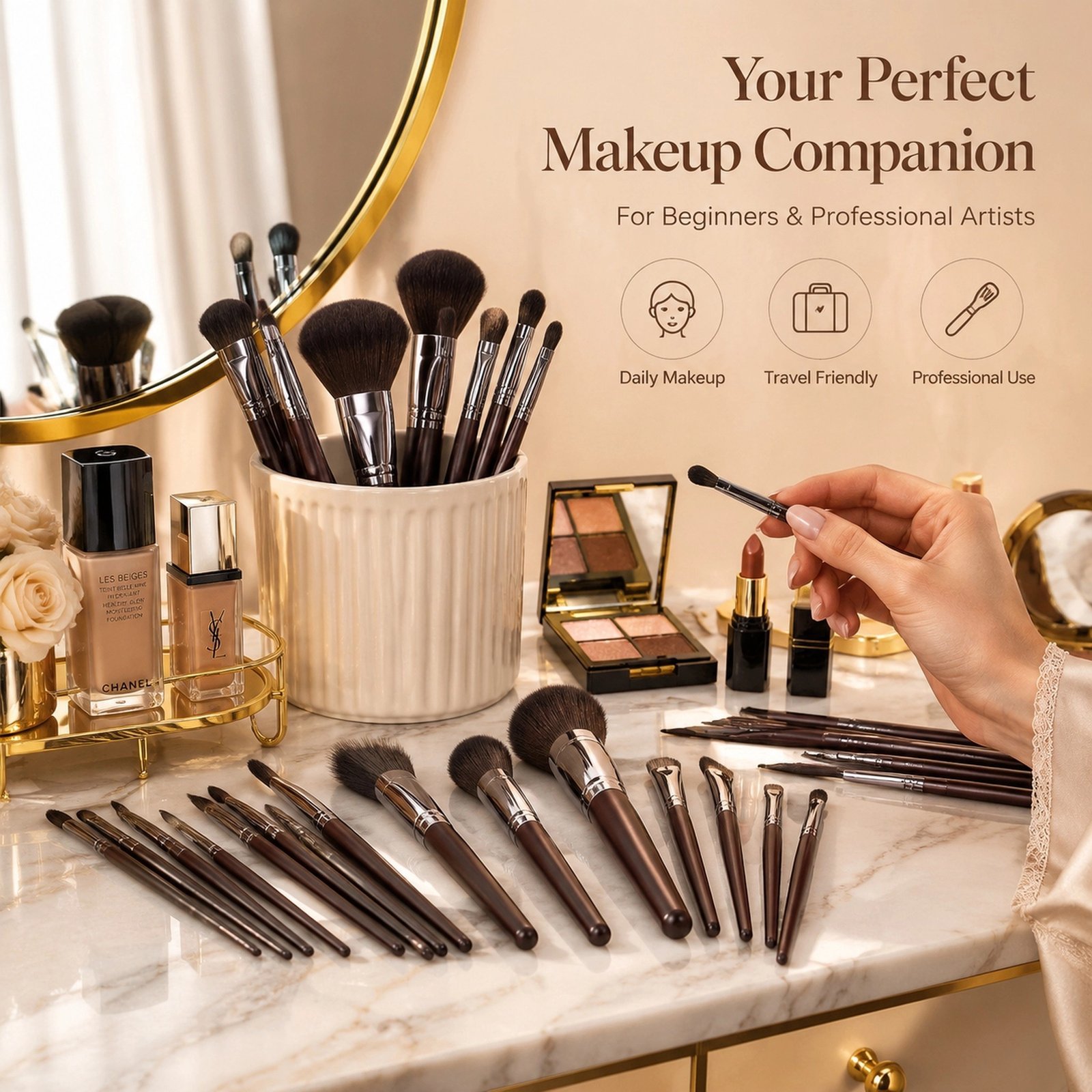 25Pcs Professional Makeup Brush Set — Wooden Handle with Gunmetal Ferrule, Full-Face Professional Kit (Dark Brown / Gunmetal) - Image 4