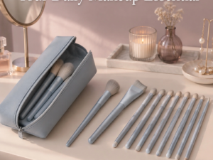 12Pcs Misty Blue Makeup Brush Set with Travel Pouch — Full-Face Kit (Misty Blue)