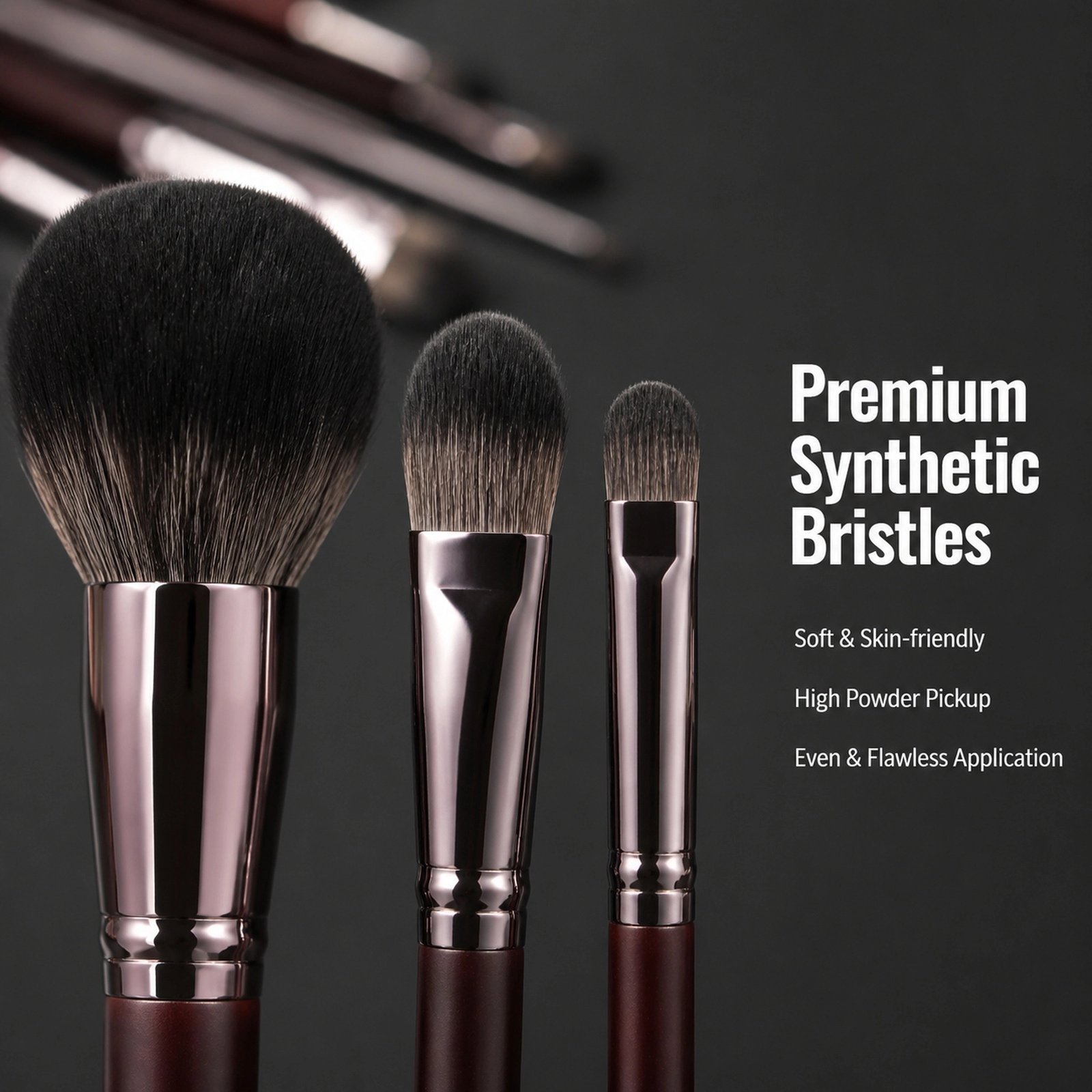 25Pcs Professional Makeup Brush Set — Wooden Handle with Gunmetal Ferrule, Full-Face Professional Kit (Dark Brown / Gunmetal) - Image 5
