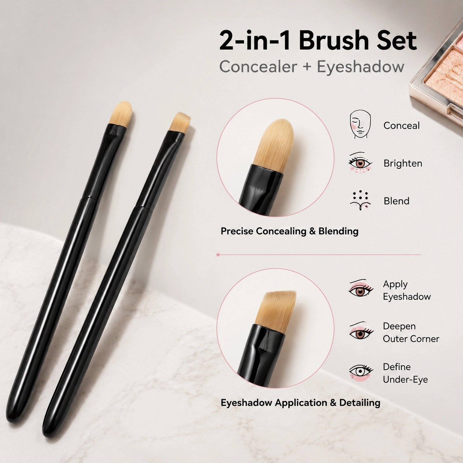 Dual-Ended Concealer & Eyeshadow Brush Set 2pcs — Round & Angled Tips, Black Lacquered Handle - Image 4