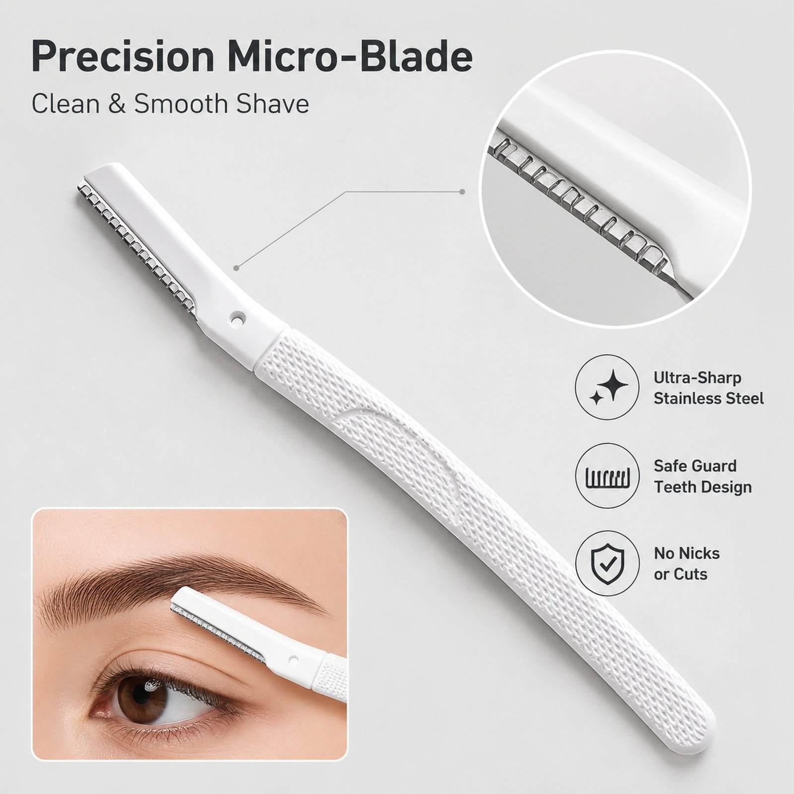 Premium Straight-Handle Eyebrow Razor — Precision Micro-Blade, Anti-Slip Texture, Gentle & Portable (White) - Image 3