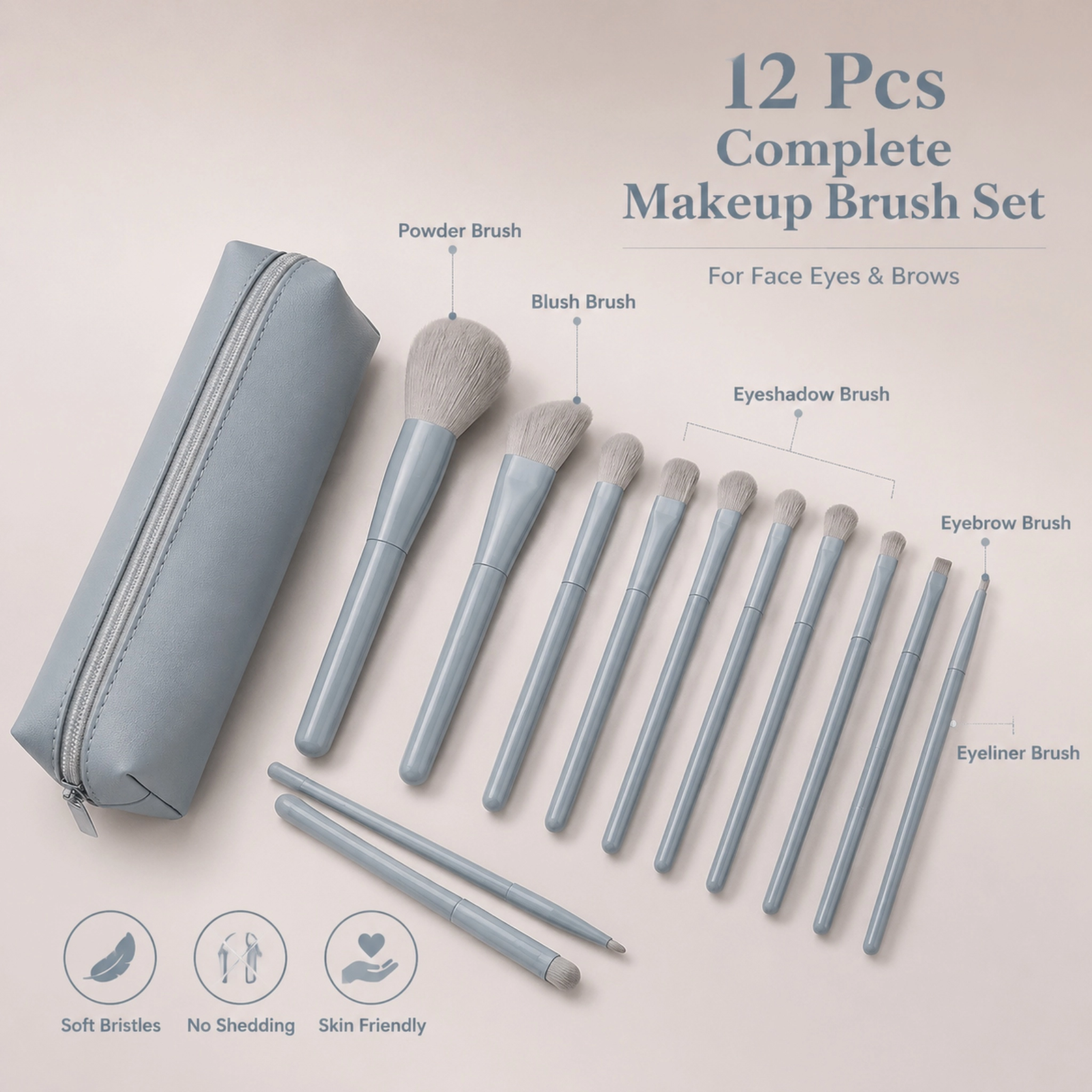 12Pcs Misty Blue Makeup Brush Set with Travel Pouch — Full-Face Kit (Misty Blue) - Image 5