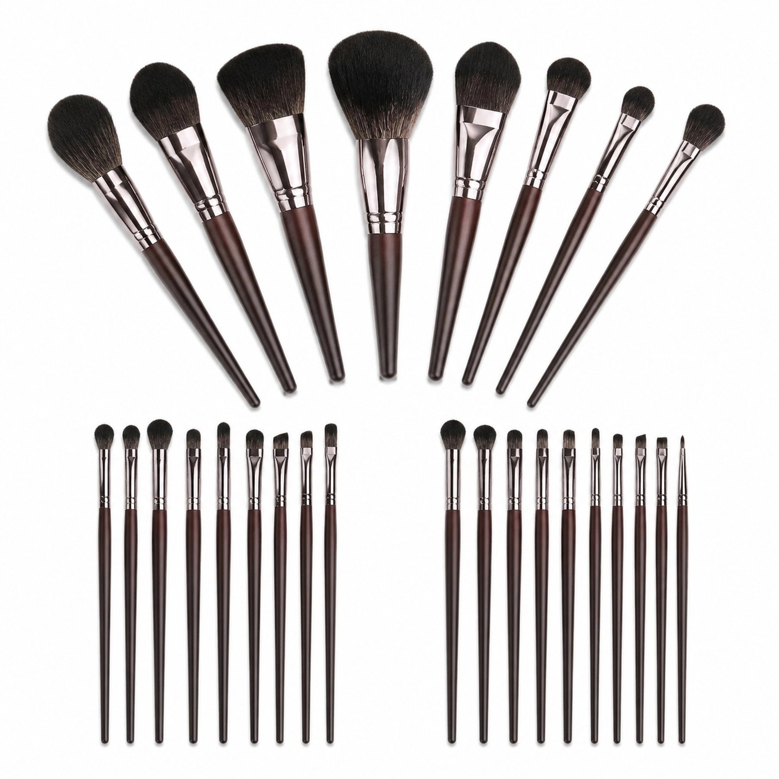 25Pcs Professional Makeup Brush Set — Wooden Handle with Gunmetal Ferrule, Full-Face Professional Kit (Dark Brown / Gunmetal) - Image 2