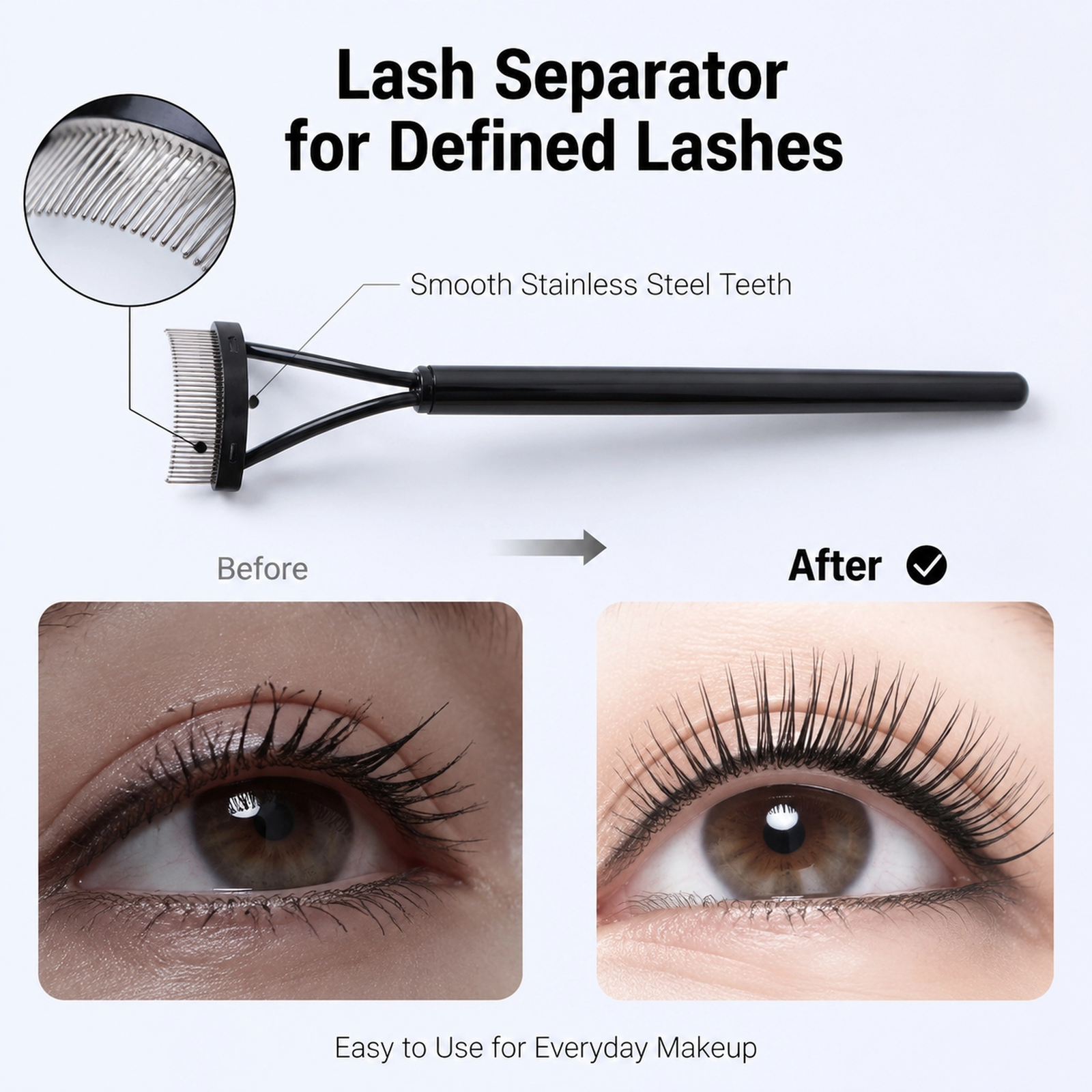 Eyelash Comb Separator — Precision Stainless Steel Teeth, Curved Eye-Shape Design (Silver) - Image 2