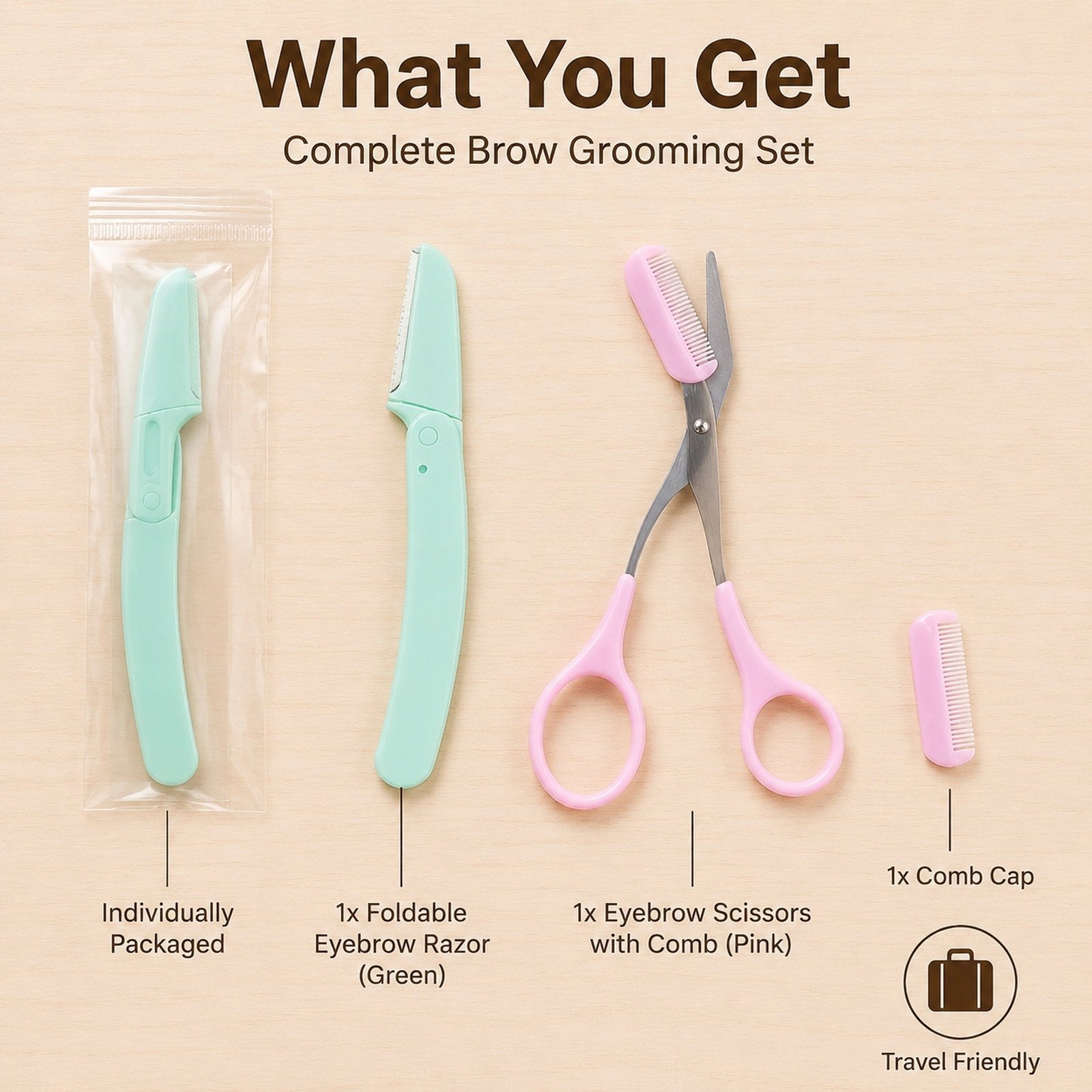 Foldable Eyebrow Razor with Eyebrow Scissors Comb Set — Safe Folding Design, Precision Blade, 2-in-1 Grooming Kit (Green) - Image 5