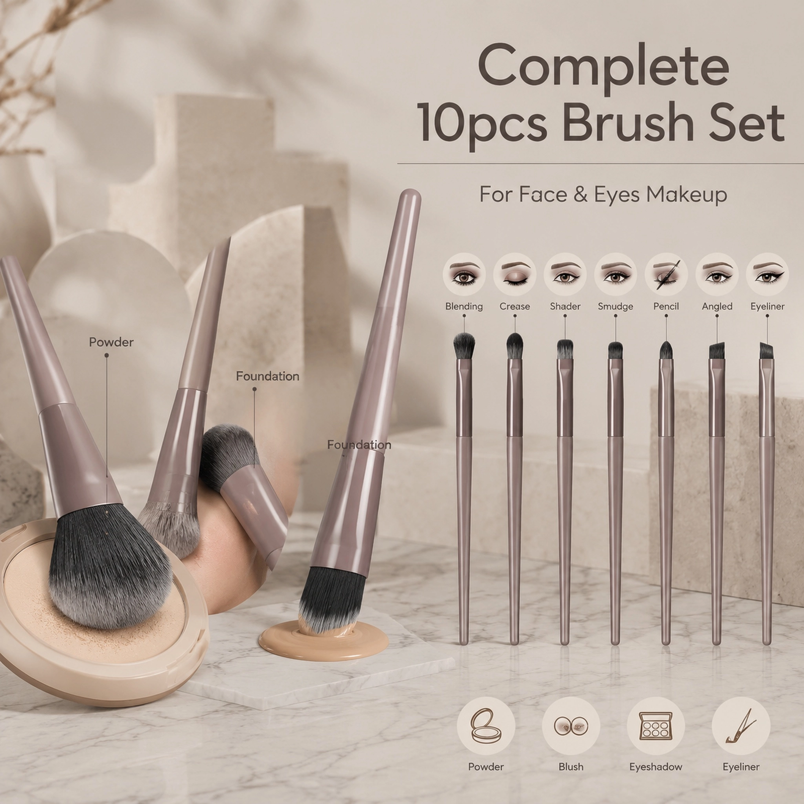 10Pcs Professional Makeup Brush Set — Ultra-Soft Dense Bristles (Grey-Pink / Black) - Image 5